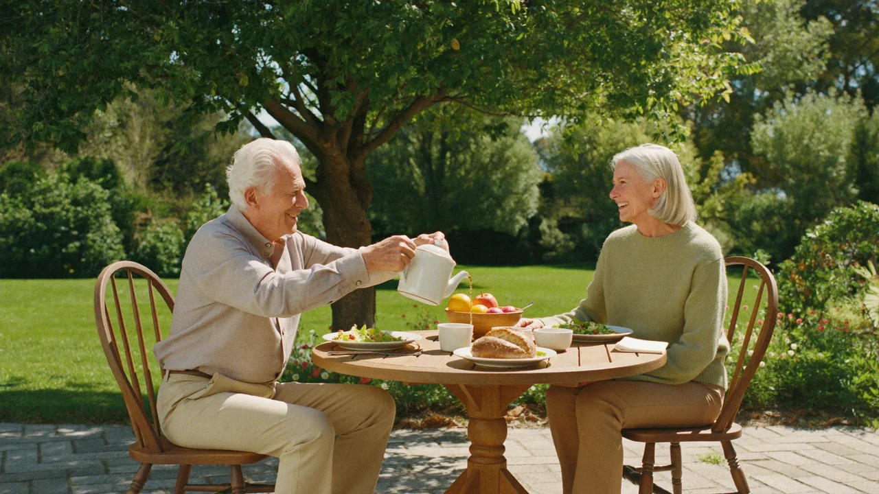 Zwei ältere Freunde teilen ein einfaches Essen am Gartentisch